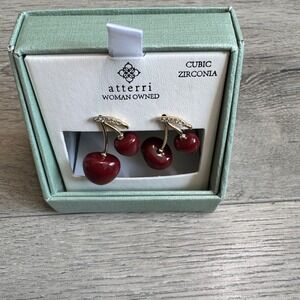 Atterri Red Cherry Cubic Zirconia Gold Tone Drop Earrings NIB Woman Owned